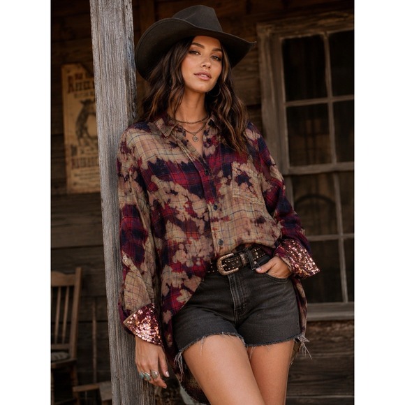 The Nu Brand Other - The Nu Vintage Bleach Dye Distressed Red Plaid Sequin Cuffs Western Grunge Large